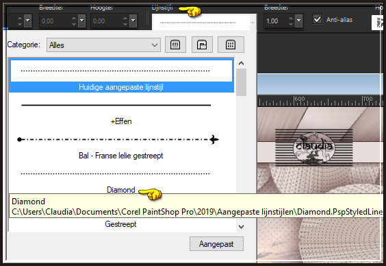 Zoek bij Lijnstijlen de "Aangepaste Lijnstijl", "Diamond"