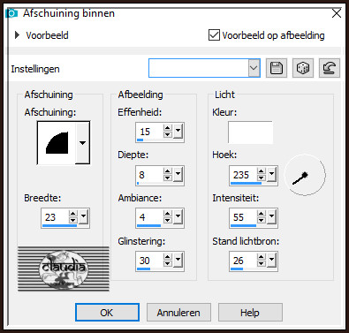 Effecten - 3D-Effecten - Afschuining binnen : Afschuining = nummer 2.