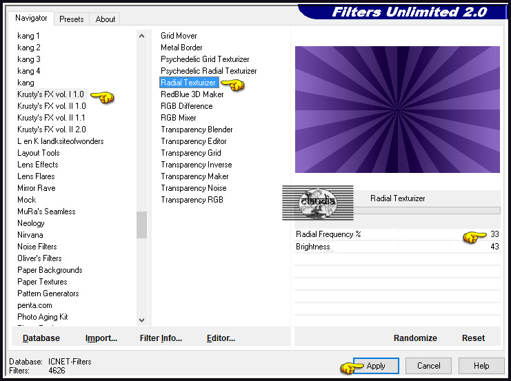 Effecten - Insteekfilters - <I.C.NET Software> - Filters Unlimited 2.0 - Krusty's FX vol. I 1.0 - Radial Texturizer :