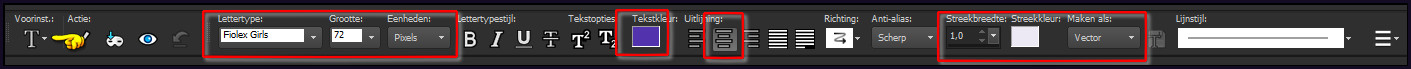 Activeer nu het "Tekstgereedschap" en zoek het font "Fiolex Girls" met deze instellingen
