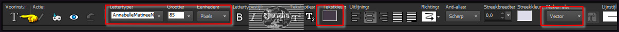 Activeer het "Tekstgereedschap" en zoek het font "AnnabelleMatineeNF Regular" met deze instellingen :