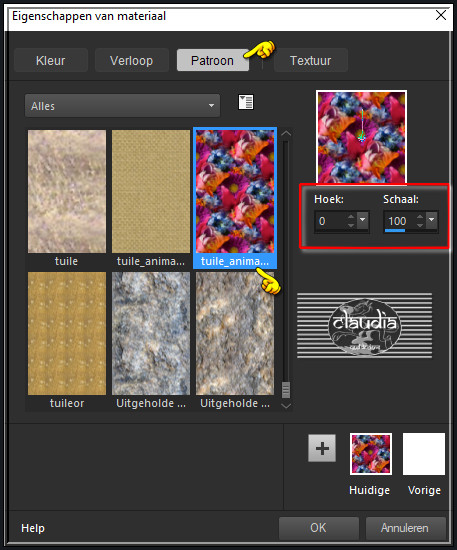 Ga naar het Kleurenpallet en zet de Voorgrondkleur op de 5de kleur en de Achtergrondkleur op het Patroon "tuile_animabelle-Haute-en-Couleur"