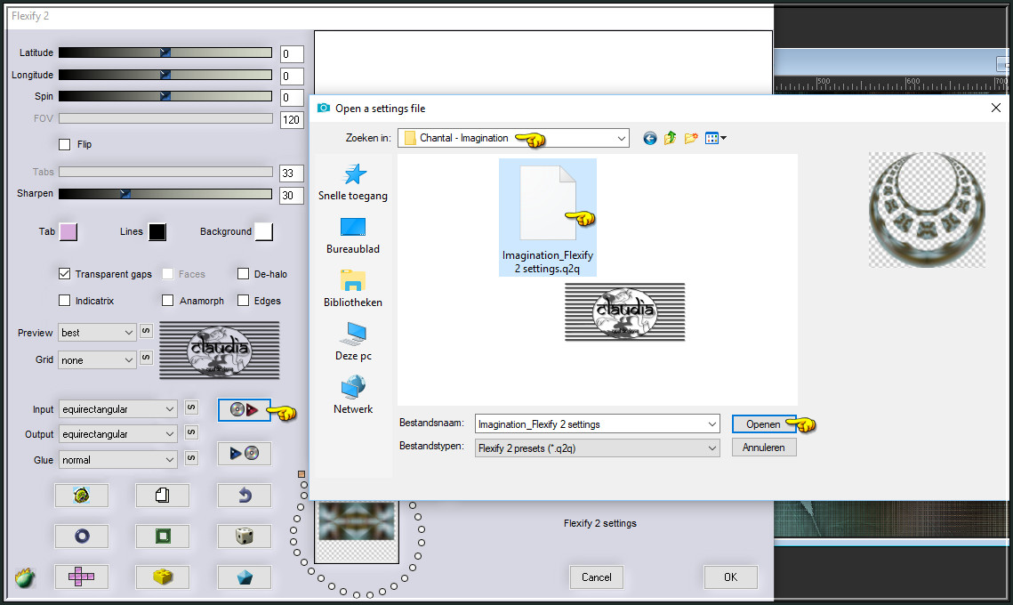 Klik op de rode pijn en zoek de preset "Imagination_Flexify 2 settings", klik erop en daarna op Openen