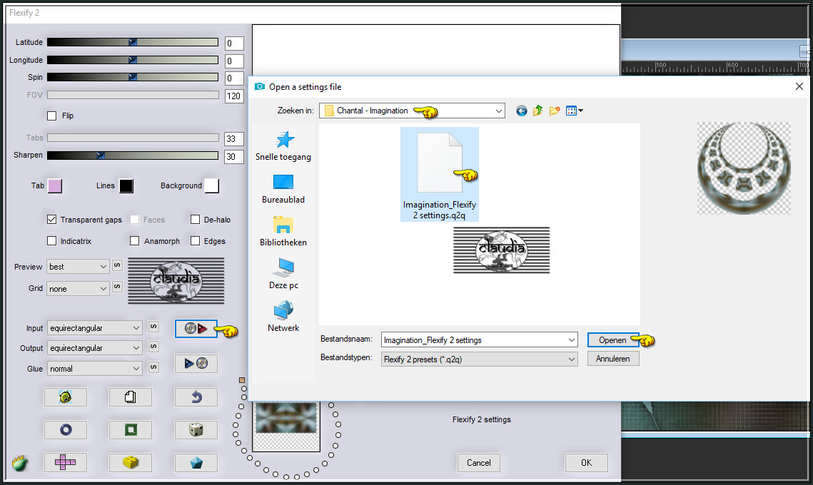 Klik op de rode pijn en zoek de preset "Imagination_Flexify 2 settings", klik erop en daarna op Openen 