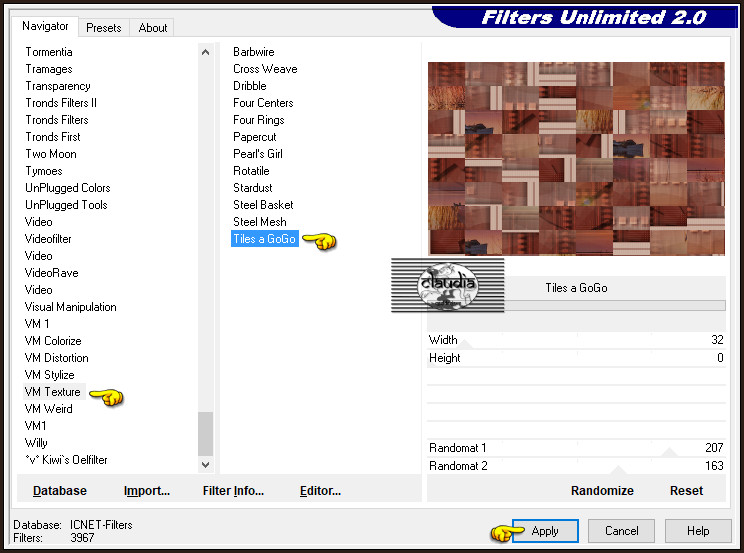 Effecten - Insteekfilters - <I.C.NET Software> - Filters Unlimited 2.0 - VM Texture - Tiles a GoGo