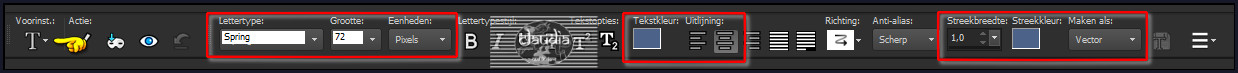 Activeer het Tekstgereedschap en zoek het font "Spring" met deze instellingen