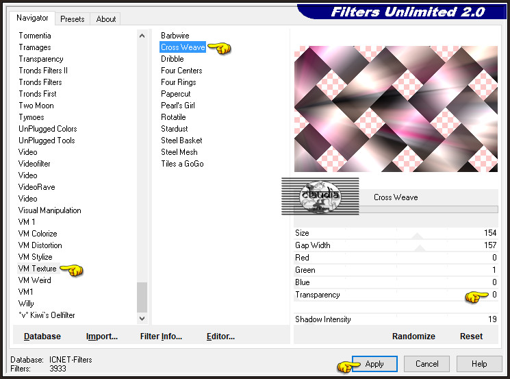 Effecten - Insteekfilters - <I.C.NET Software> - Filters Unlimited 2.0 - VM Texture - Cross Weave