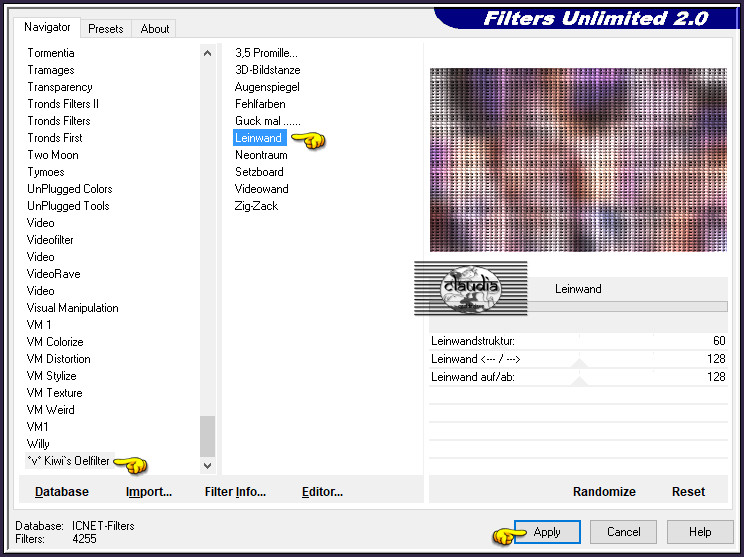 Effecten - Insteekfilters - <I.C.NET Software> - Filters Unlimited 2.0 - °v° Kiwi's Oelfilter - Leinwand