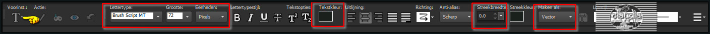 Activeer het "Tekstgereedschap" en zoek het font "Brush Sxript MT" met deze instellingen
