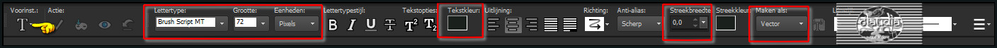 Activeer het "Tekstgereedschap" en zoek het font "Brush Sxript MT" met deze instellingen 