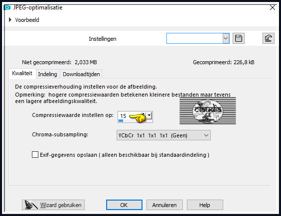 Sla je werkje op als JPEG-formaat met een compressiewaarde van 15