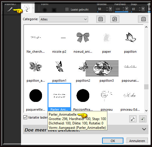Activeer het "Penseelgereedschap" en zoek de Brushe "Parler_Animabelle" met deze instellingen 