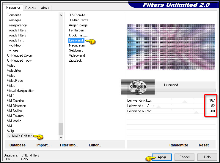 Effecten - Insteekfilters - <I.C.NET Software> - Filters Unlimited 2.0 - °v° Kiwi's Oelfilter - Leinwand