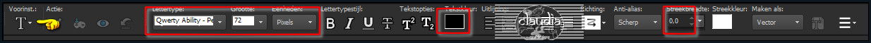 Activeer het Tekstgereedschap en zoek het font "Qwerty Ability - Personal Use" met deze instellingen 
