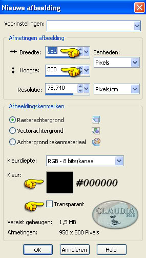 Instellingen nieuwe afbeelding