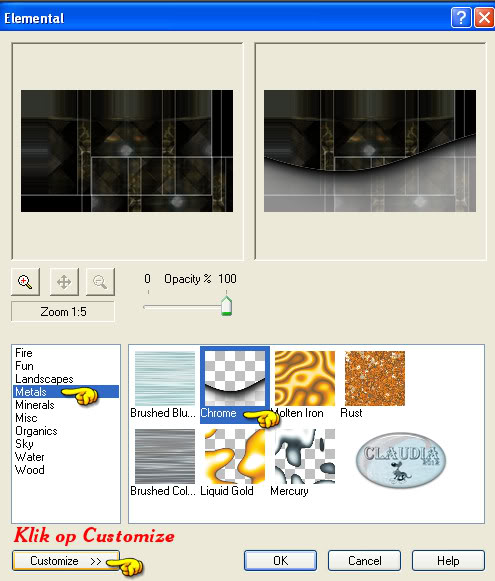 Instellingen filter XE Xtras - Elemental - Metal Chrome