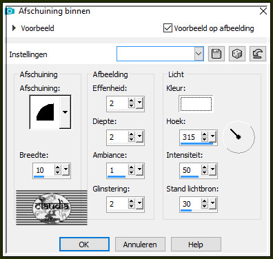 Effecten - 3D-Effecten - Afschuining binnen : Afschuining = nummer 2