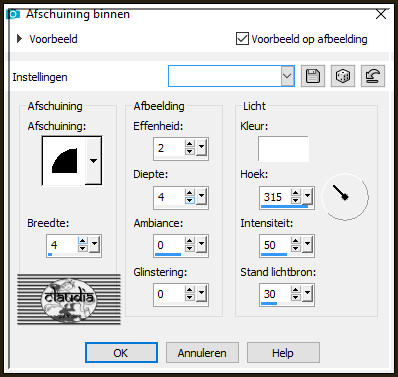 Effecten - 3D-Effecten - Afschuining binnen : Afschuining = nummer 2.