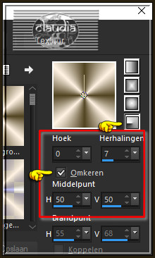 Ga naar het Kleurenpallet en klik met de muis in het Verloop en pas de instellingen aan :