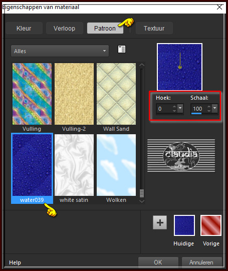 Zoek het Patroon "water039" en neem deze instellingen : 