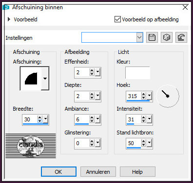 Effecten - 3D-Effecten - Afschuining binnen : Afschuining = nummer 2.