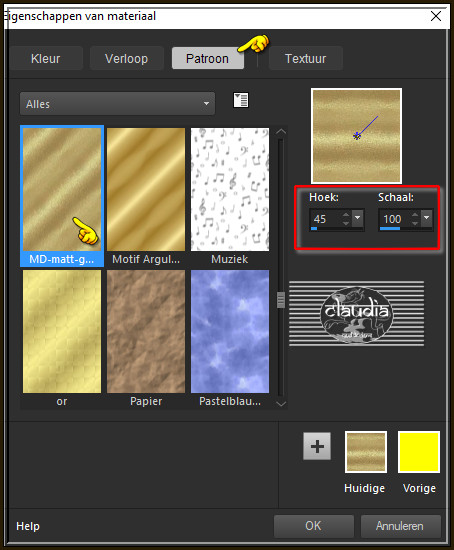Klik met de muis in het Patroon en zet de instellingen zoals op het voorbeeld