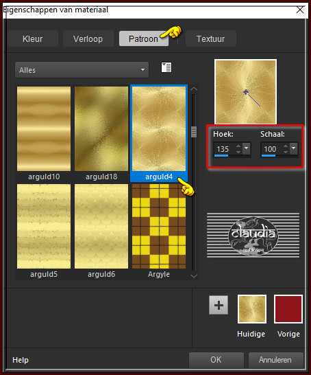 Zoek het Patroon "Arguld4" met de volgende instellingen :