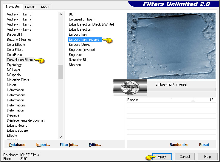 Effecten - Insteekfilters - <I.C.NET Software> - Filters Unlimited 2.0 - Convolution Filters - Emboss (light, inverse)