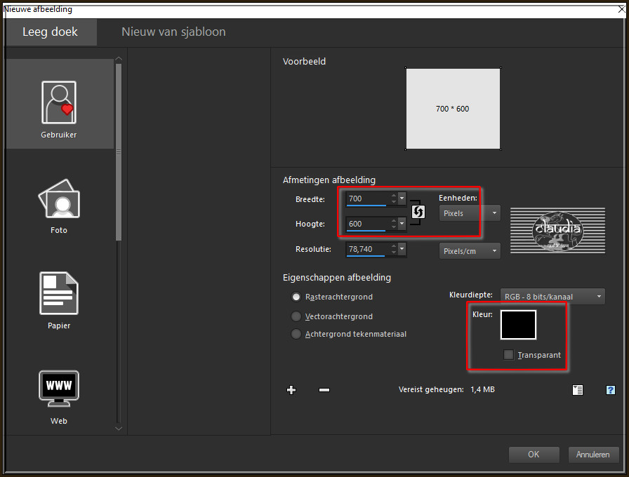 Open een Nieuwe afbeelding van 700 x 600 px, Zwart :