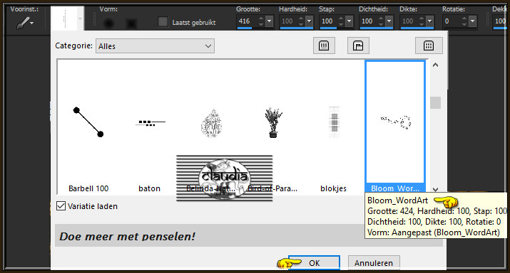 Activeer het "Penseelgereedschap" en zoek de Brushe "Bloom_WordArt" met deze instellingen :