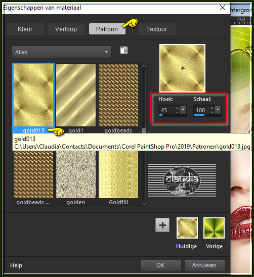 Zoek het Patroon "gold013" en neem deze instellingen
