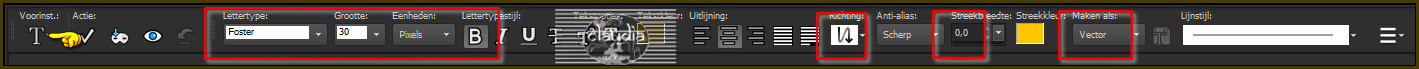 Activeer het "Tekstgereedschap" en je zoekt het font "Foster" of gebruik een ander font met deze instellingen