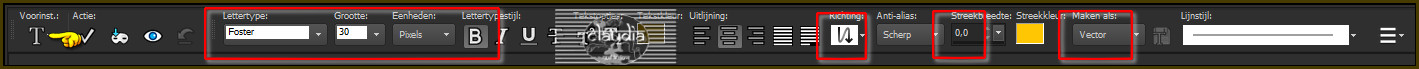 Activeer het "Tekstgereedschap" en je zoekt het font "Foster" of gebruik een ander font met deze instellingen