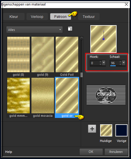 Zoek het Patroon "gold or" en neem deze instellingen