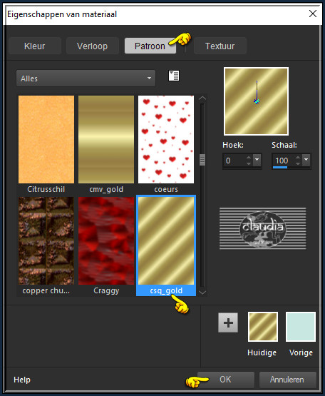 Zoek het goudpatroon "csq_gold" met deze instellingen