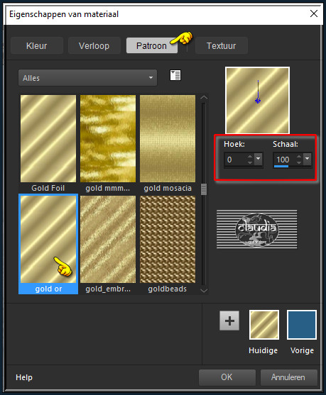 Klik daarna op het tabblad "Patroon" en zoek het Patroon "gold or" met deze instellingen