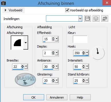 Instellingen 3D Effect - Afschuining binnen