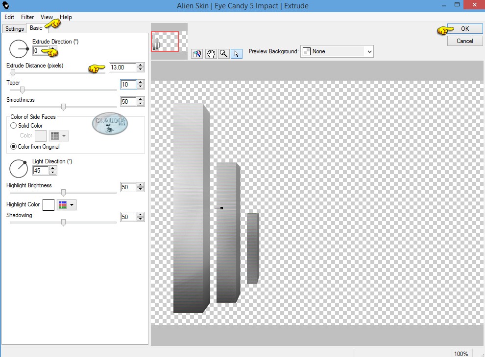 Instellingen filter Eye Candy 5: Impact - Extrude