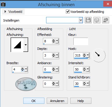 Instellingen 3D Effect - Afschuining binnen