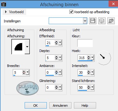 Instellingen 3D Effect - Afschuining binnen