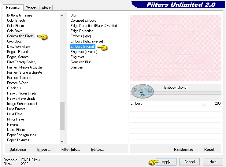 Instellingen filter Convolution Filters - Emboss (strong)