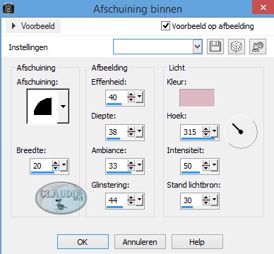 Instellingen 3D Effect - Afschuining binnen