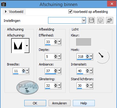 Instellingen 3D Effect - Afschuining binnen