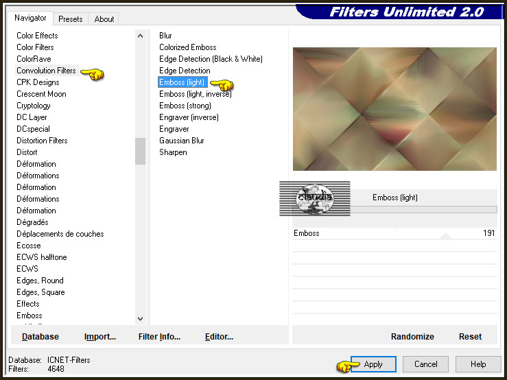 Effecten - Insteekfilters - <I.C.NET Software> - Filters Unlimited 2.0 - Convolution Filters - Emboss (light) :