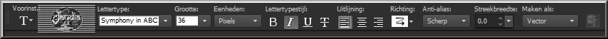 Activeer het Tekstgereedschap en zoek het font "Symphony in ABC" met de volgende instellingen