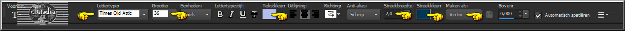 Activeer het Tekstgereedschap en zoek het font "TimesOldAttic" met deze instelllingen