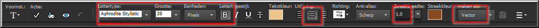 Activeer het Tekstgereedschap en zoek het font "Aphrodite Stylistic_0" met de volgende instellingen