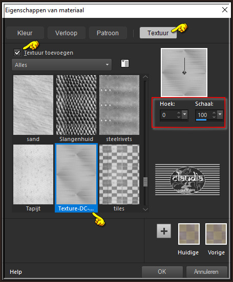 Klik met de muis in het tabblad Textuur en zoek het textuur "Texture-DC-0" met deze instellingen