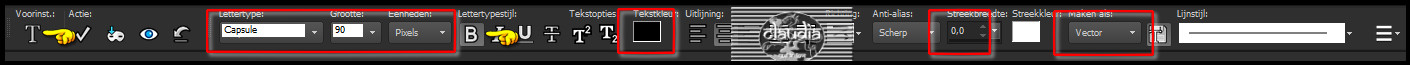 Activeer het "Tekstgereedschap" en zoek het font "Capsule" met deze instellingen