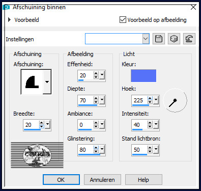 Effecten - 3D-Effecten - Afschuining binnen : Afschuining = nummer 11 Kleur = 2de kleur.